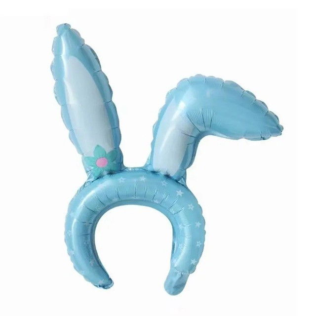Balon din Folie Metalizata, Flippy, Tip Coronita cu Urechi, Model Iepure, Ambalaj Individual, Pai Inclus, Umflare cu Aer sau Heliu, 38 x 45 cm, Albastru [1]