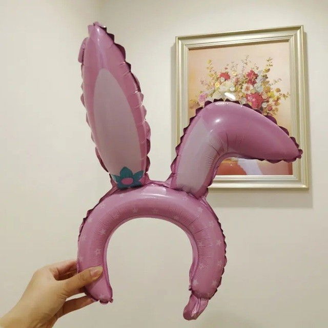 Balon din Folie Metalizata, Flippy, Tip Coronita cu Urechi, Model Iepure, Ambalaj Individual, Pai Inclus, Umflare cu Aer sau Heliu, 38 x 45 cm, Roz [2]