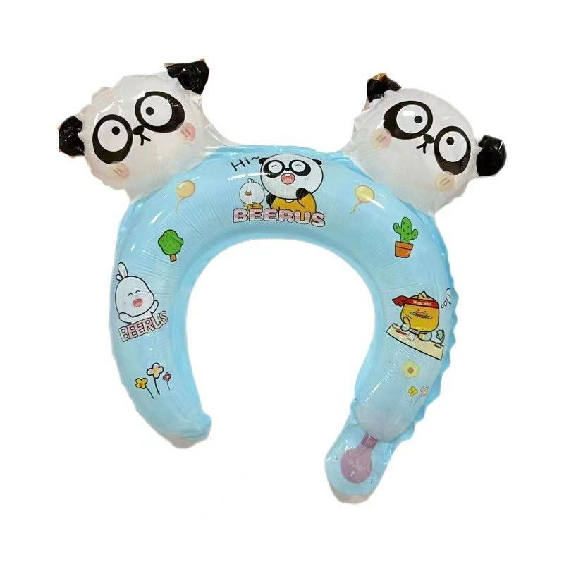 Balon din Folie Metalizata, Flippy, Tip Coronita cu Urechi, Model Panda Mirat, Ambalaj Individual, Pai Inclus, Umflare cu Aer sau Heliu, 30 x 27 cm, Bleu [1]