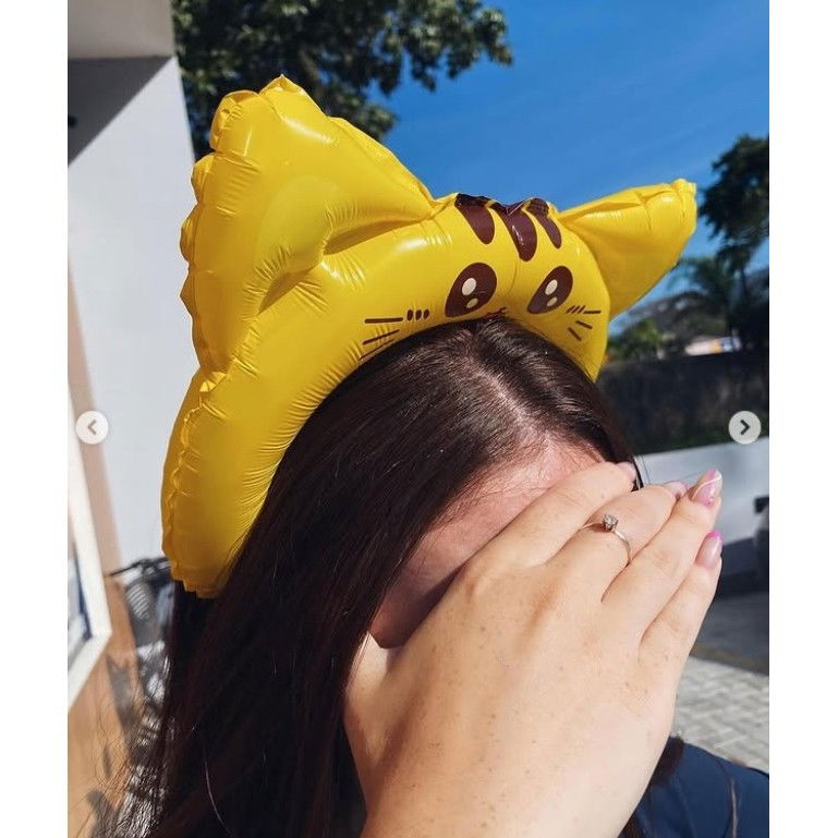 Balon din Folie Metalizata, Flippy, Tip Coronita cu Urechi, Model Pisicuta, Ambalaj Individual, Pai Inclus, Umflare cu Aer sau Heliu, 24 x 29.5 cm, Galben [2]