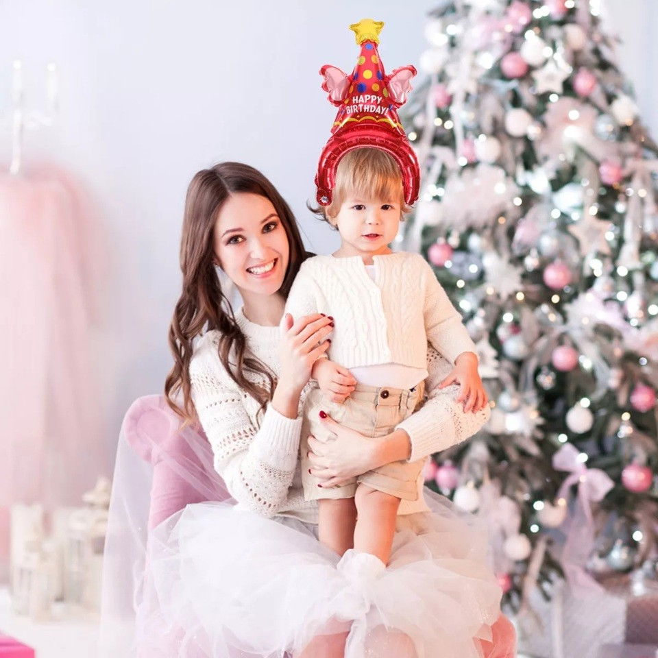 Balon din Folie Metalizata, Flippy, Tip Coronita, Model Palarie de Petrecere, Ambalaj Individual, Pai Inclus, Umflare cu Aer sau Heliu, 31 x 50 cm, Rosu [3]