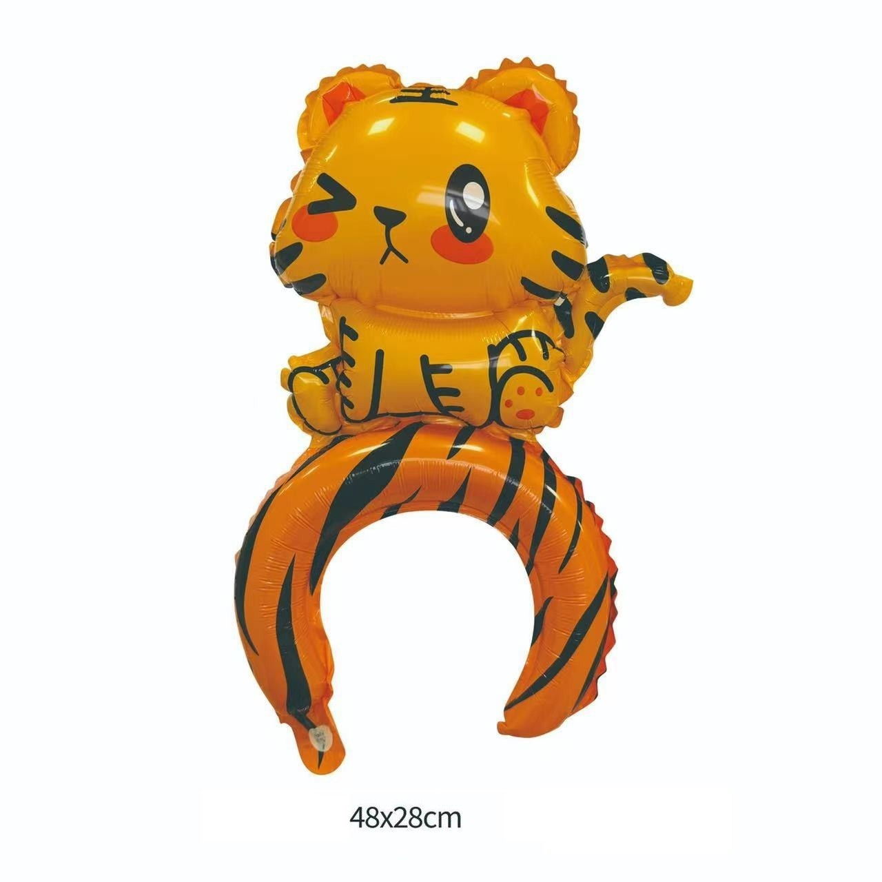 Balon din Folie Metalizata, Flippy, Tip Coronita, Model Tigru, Ambalaj Individual, Pai Inclus, Umflare cu Aer sau Heliu, 48 x 28 cm, Portocaliu [2]