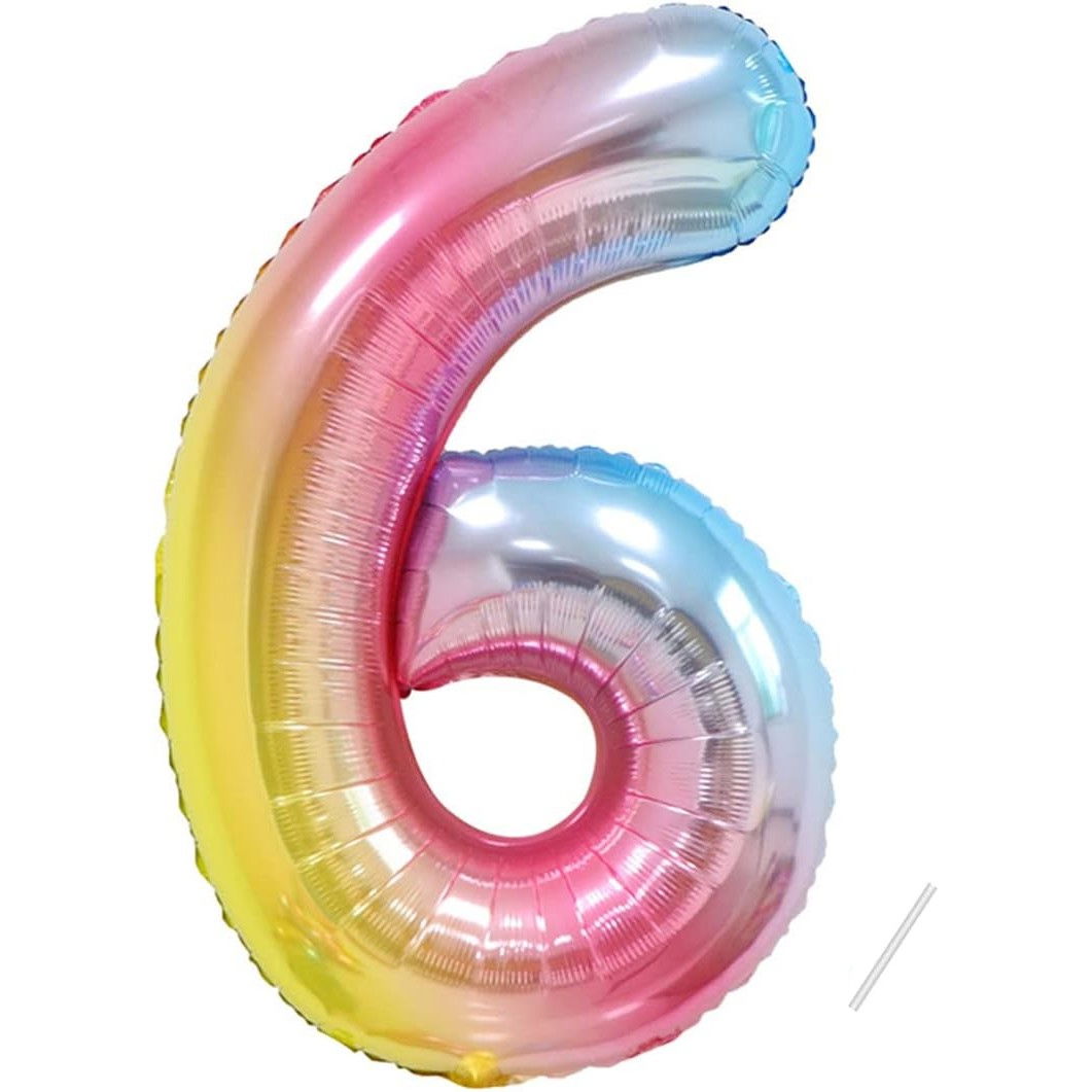 Balon din Folie Metalizata Gradient Flippy, Figurina Cifra, Tema Aniversare 100 cm, Ambalaj Individual, Pai inclus, Umflare cu Aer sau Heliu, Multicolor, Cifra 6 [7]