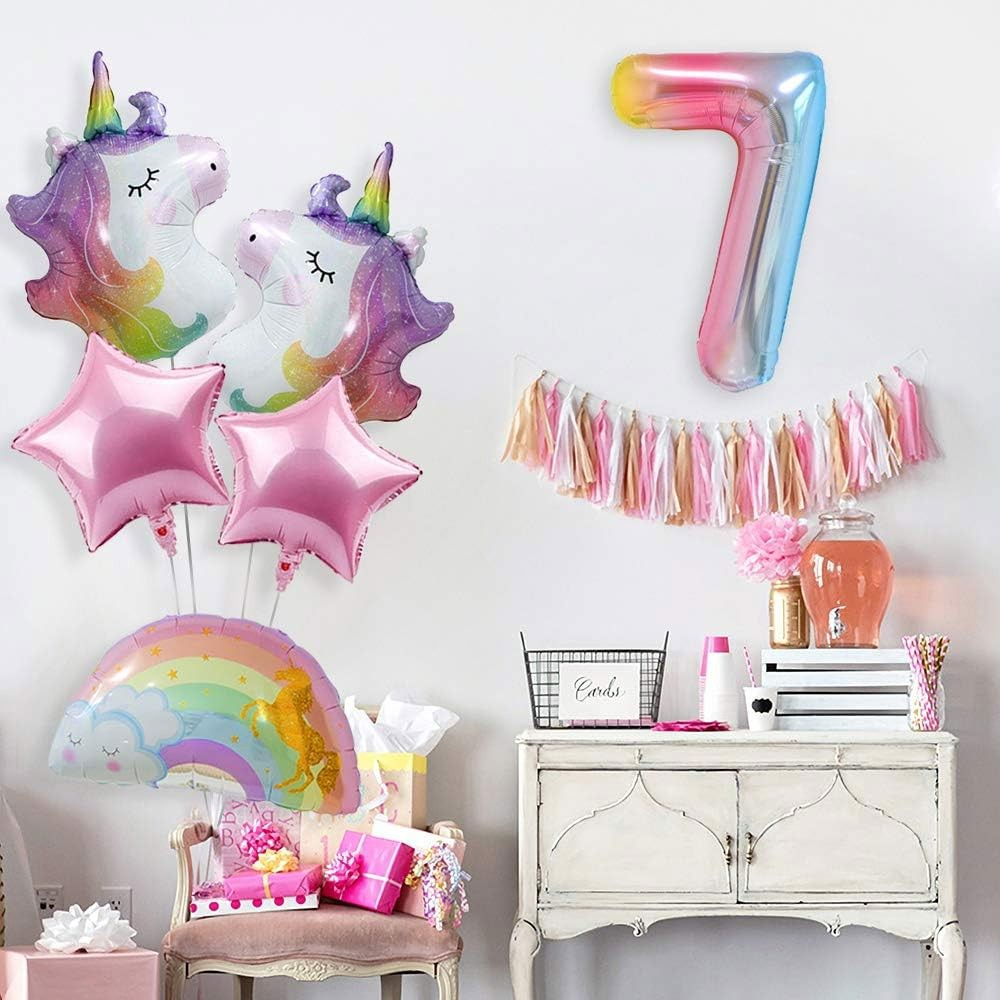Balon din Folie Metalizata Gradient Flippy, Figurina Cifra, Tema Aniversare 100 cm, Ambalaj Individual, Pai inclus, Umflare cu Aer sau Heliu, Multicolor, Cifra 7 [2]