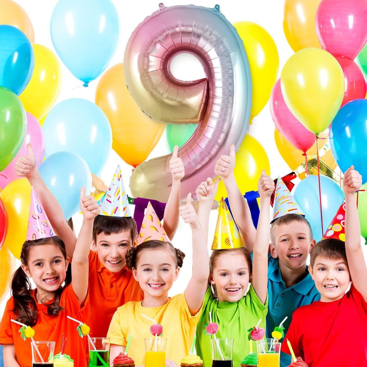 Balon din Folie Metalizata Gradient Flippy, Figurina Cifra, Tema Aniversare 100 cm, Ambalaj Individual, Pai inclus, Umflare cu Aer sau Heliu, Multicolor, Cifra 9 [4]