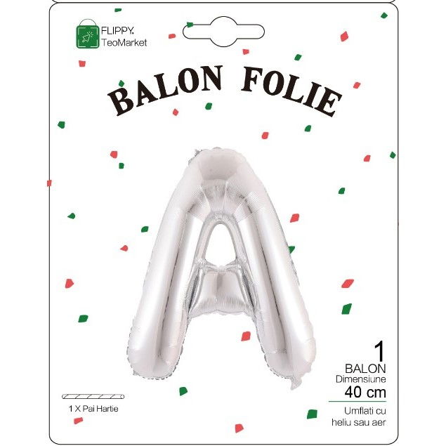 Balon Folie Metalizata Litera A, Flippy, 40 cm, Umflati cu Heliu sau Aer, Ambalaj Individual, Pai inclus, Argintiu [2]