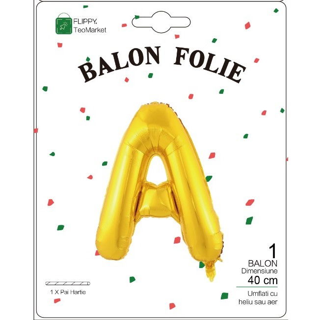 Balon Folie Metalizata Litera A, Flippy, 40 cm, Umflati cu Heliu sau Aer, Ambalaj Individual, Pai inclus, Auriu [2]