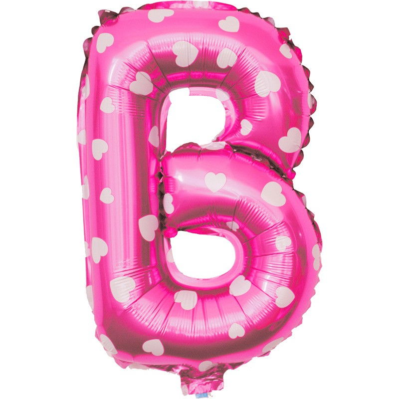 Balon Folie Metalizata Litera B, Flippy, 40 cm, Cu Imprimeu Inimioare, Umflati cu Heliu sau Aer, Ambalaj Individual, Pai inclus, Roz [3]