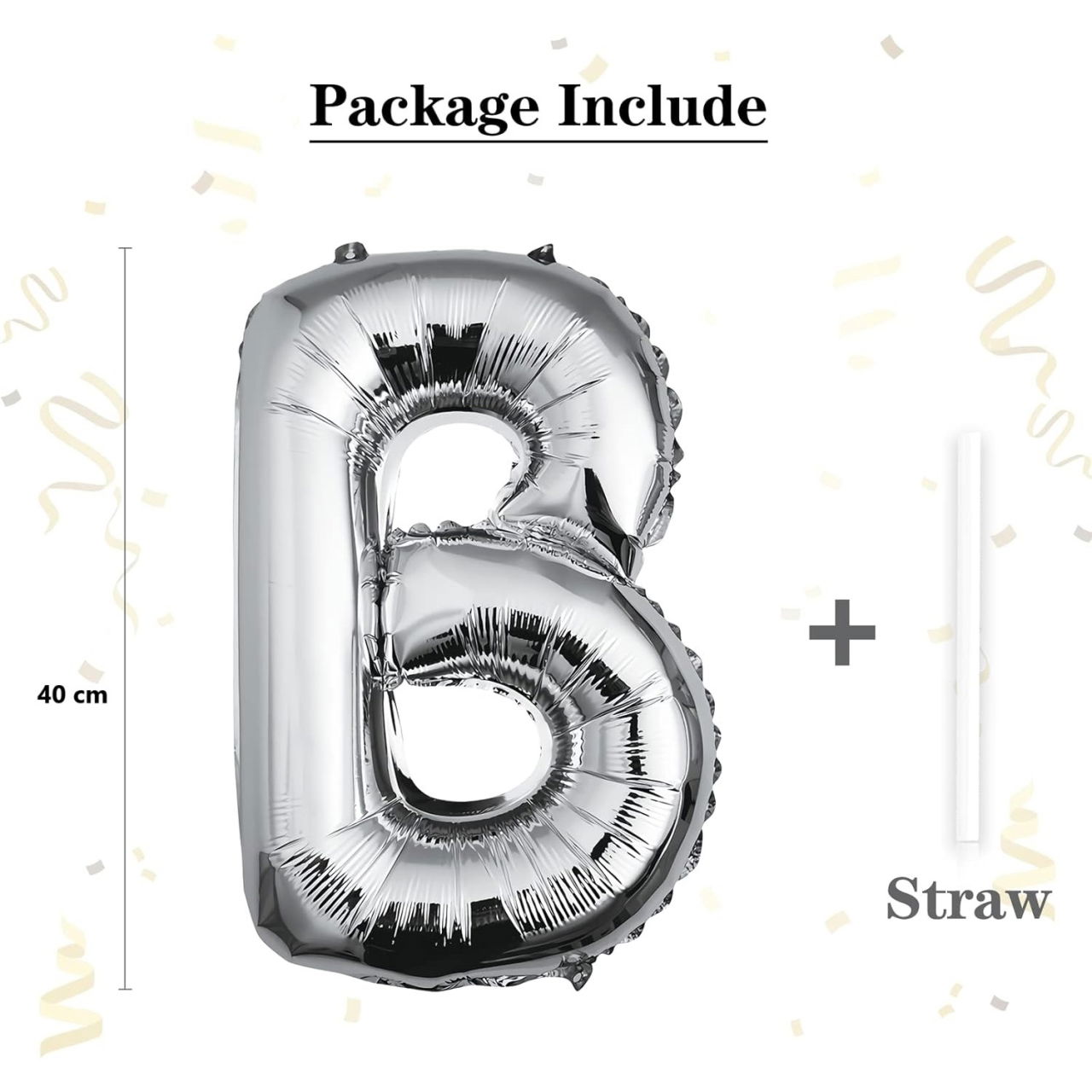 Balon Folie Metalizata Litera B, Flippy, 40 cm, Umflati cu Heliu sau Aer, Ambalaj Individual, Pai inclus, Argintiu [3]
