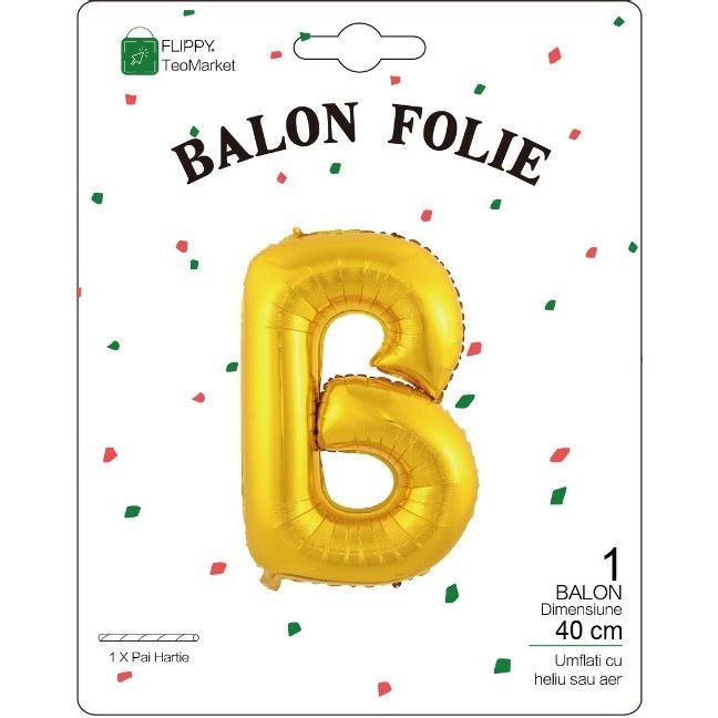 Balon Folie Metalizata Litera B, Flippy, 40 cm, Umflati cu Heliu sau Aer, Ambalaj Individual, Pai inclus, Auriu [2]