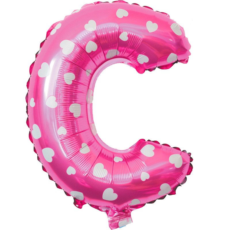 Balon Folie Metalizata Litera C, Flippy, 40 cm, Cu Imprimeu Inimioare, Umflati cu Heliu sau Aer, Ambalaj Individual, Pai inclus, Roz [1]