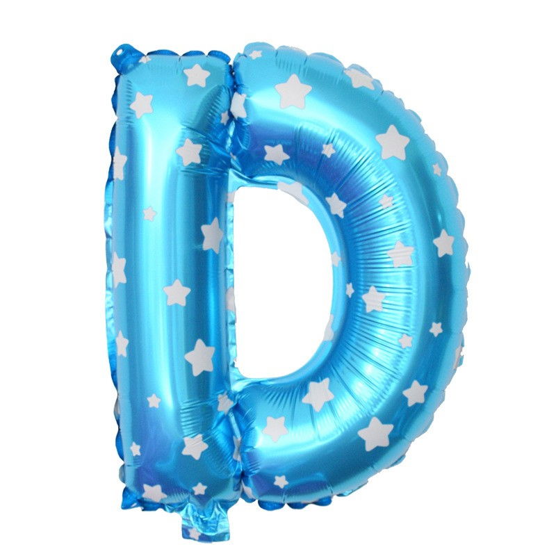 Balon Folie Metalizata Litera D, Flippy, 40 cm, Cu Imprimeu Stelute, Umflati cu Heliu sau Aer, Ambalaj Individual, Pai inclus, Albastru [1]