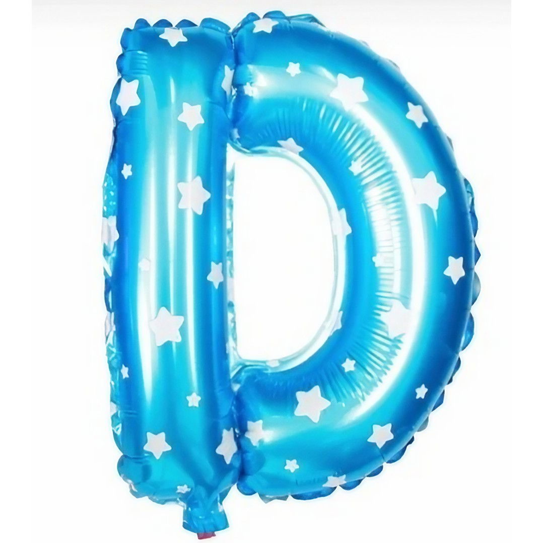 Balon Folie Metalizata Litera D, Flippy, 40 cm, Cu Imprimeu Stelute, Umflati cu Heliu sau Aer, Ambalaj Individual, Pai inclus, Albastru [4]
