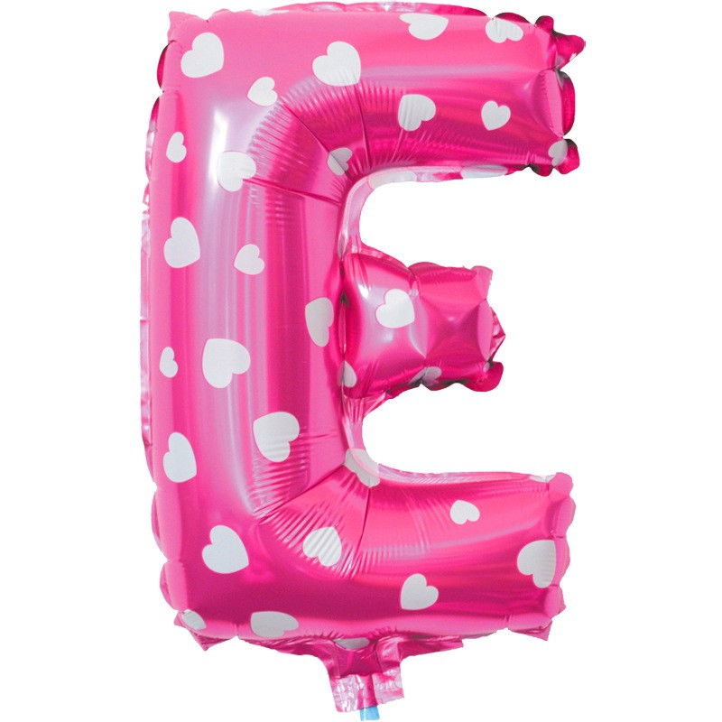 Balon Folie Metalizata Litera E, Flippy, 40 cm, Cu Imprimeu Inimioare, Umflati cu Heliu sau Aer, Ambalaj Individual, Pai inclus, Roz [1]