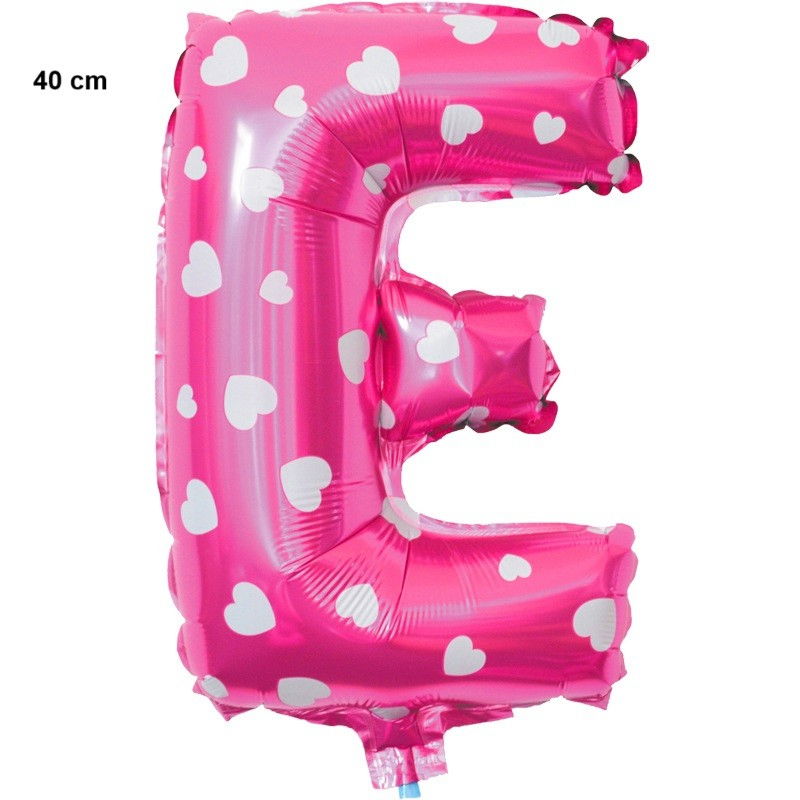 Balon Folie Metalizata Litera E, Flippy, 40 cm, Cu Imprimeu Inimioare, Umflati cu Heliu sau Aer, Ambalaj Individual, Pai inclus, Roz [2]