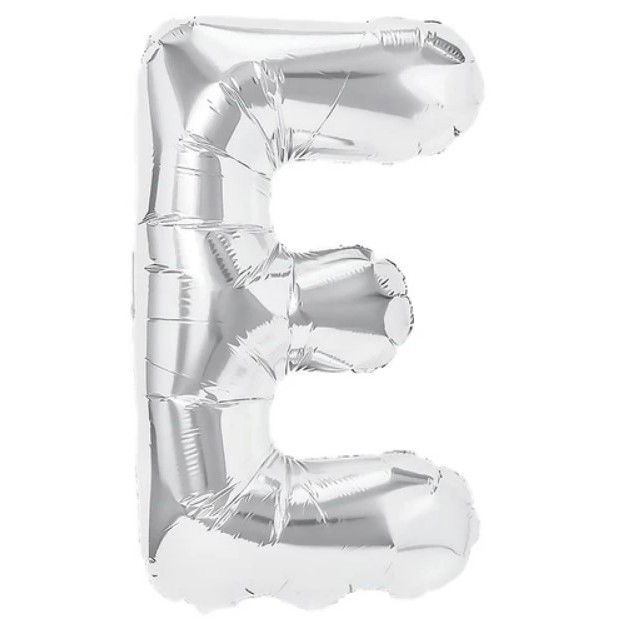 Balon Folie Metalizata Litera E, Flippy, 40 cm, Umflati cu Heliu sau Aer, Ambalaj Individual, Pai inclus, Argintiu [1]