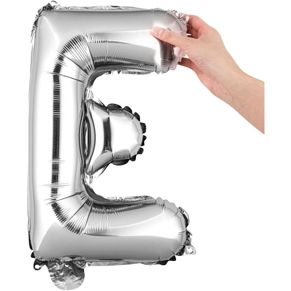 Balon Folie Metalizata Litera E, Flippy, 40 cm, Umflati cu Heliu sau Aer, Ambalaj Individual, Pai inclus, Argintiu [8]