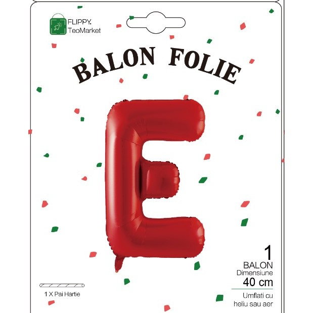 Balon Folie Metalizata Litera E, Flippy, 40 cm, Umflati cu Heliu sau Aer, Ambalaj Individual, Pai inclus, Rosu [2]