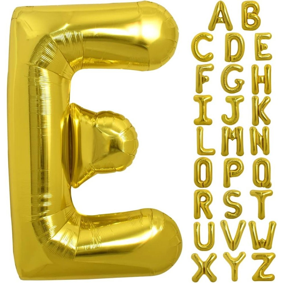 Balon Folie Metalizata Litera E, Flippy, 80 cm, Umflati cu Heliu sau Aer, Ambalaj Individual, Pai inclus, Auriu [12]