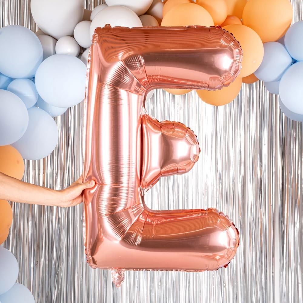 Balon Folie Metalizata Litera E, Flippy, 80 cm, Umflati cu Heliu sau Aer, Ambalaj Individual, Pai inclus, Rose Gold [5]