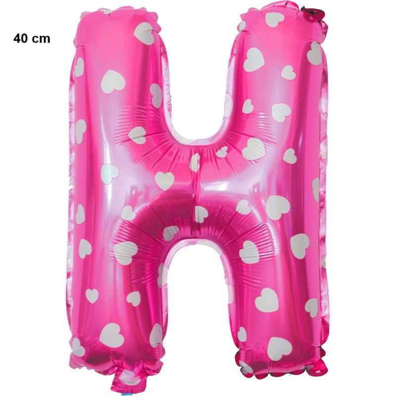 Balon Folie Metalizata Litera H, Flippy, 40 cm, Cu Imprimeu Inimioare, Umflati cu Heliu sau Aer, Ambalaj Individual, Pai inclus, Roz [2]