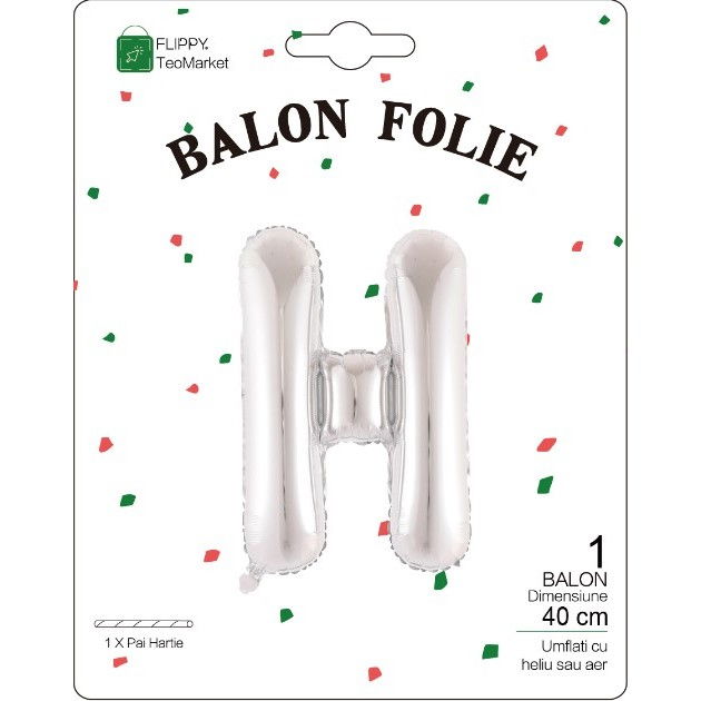 Balon Folie Metalizata Litera H, Flippy, 40 cm, Umflati cu Heliu sau Aer, Ambalaj Individual, Pai inclus, Argintiu [2]