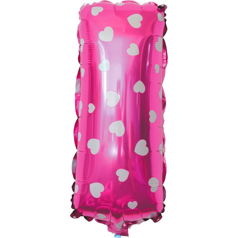Balon Folie Metalizata Litera I, Flippy, 40 cm, Cu Imprimeu Inimioare, Umflati cu Heliu sau Aer, Ambalaj Individual, Pai inclus, Roz [1]