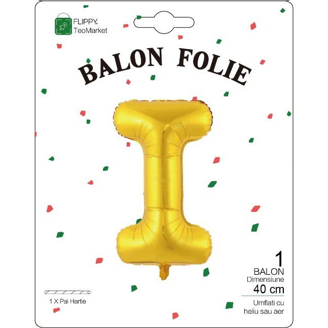 Balon Folie Metalizata Litera I, Flippy, 40 cm, Umflati cu Heliu sau Aer, Ambalaj Individual, Pai inclus, Auriu [2]