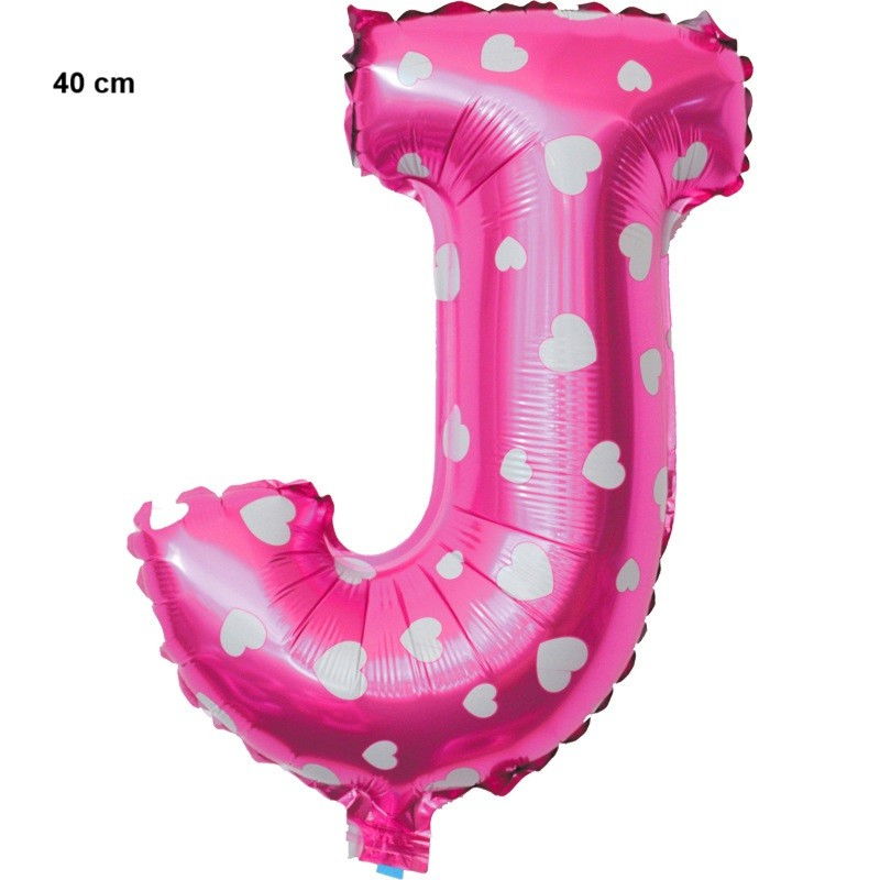 Balon Folie Metalizata Litera J, Flippy, 40 cm, Cu Imprimeu Inimioare, Umflati cu Heliu sau Aer, Ambalaj Individual, Pai inclus, Roz [2]