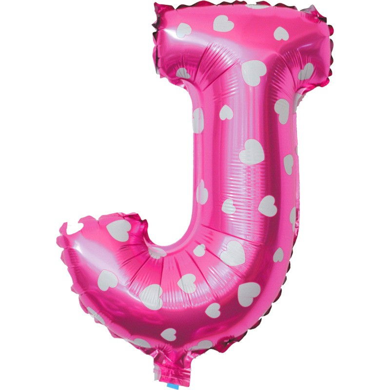 Balon Folie Metalizata Litera J, Flippy, 40 cm, Cu Imprimeu Inimioare, Umflati cu Heliu sau Aer, Ambalaj Individual, Pai inclus, Roz [3]