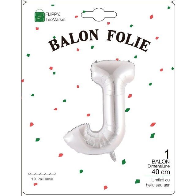 Balon Folie Metalizata Litera J, Flippy, 40 cm, Umflati cu Heliu sau Aer, Ambalaj Individual, Pai inclus, Argintiu [2]
