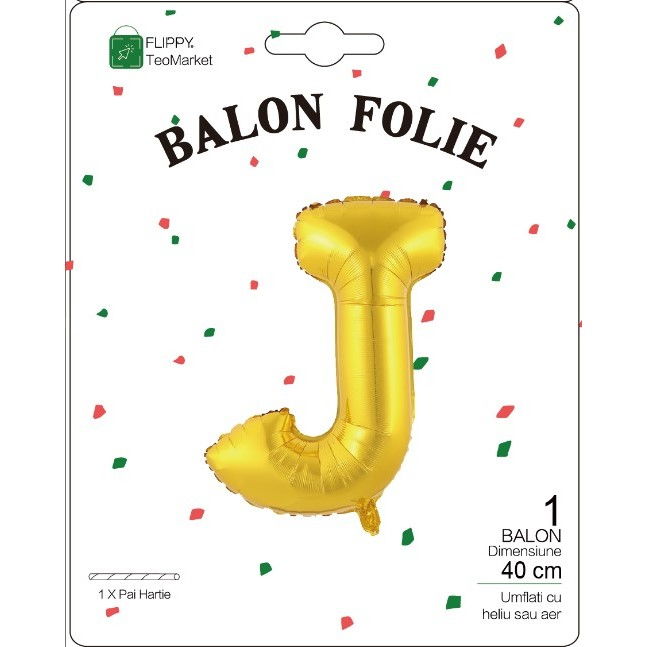 Balon Folie Metalizata Litera J, Flippy, 40 cm, Umflati cu Heliu sau Aer, Ambalaj Individual, Pai inclus, Auriu [2]