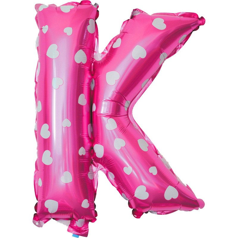 Balon Folie Metalizata Litera K, Flippy, 40 cm, Cu Imprimeu Inimioare, Umflati cu Heliu sau Aer, Ambalaj Individual, Pai inclus, Roz [3]