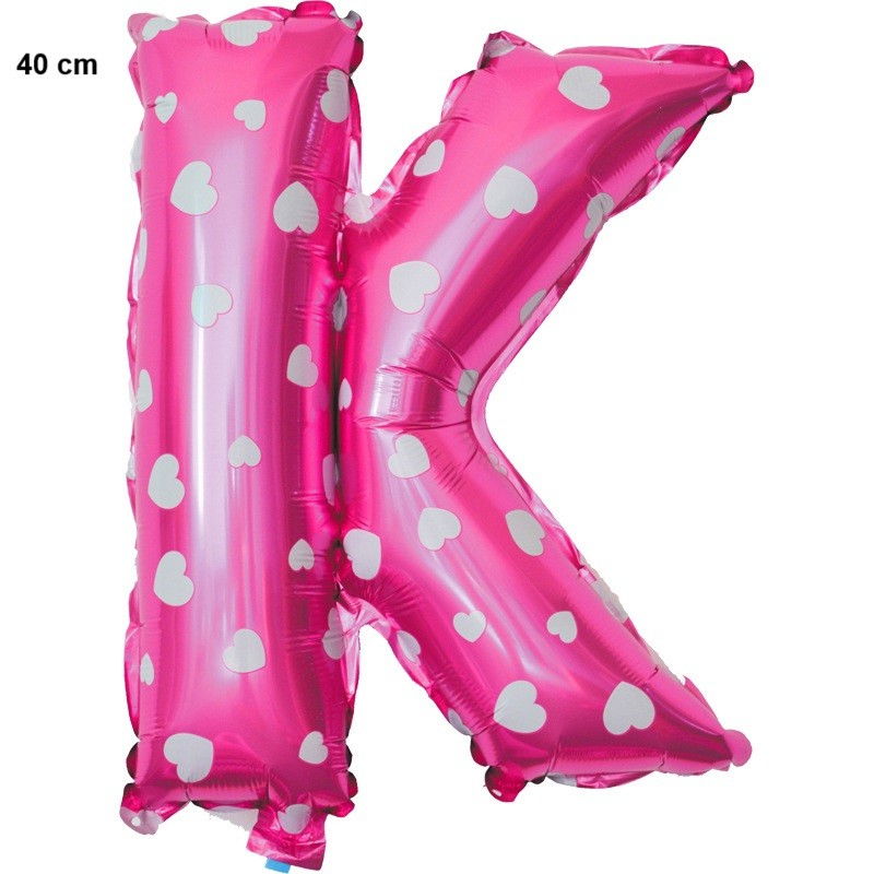 Balon Folie Metalizata Litera K, Flippy, 40 cm, Cu Imprimeu Inimioare, Umflati cu Heliu sau Aer, Ambalaj Individual, Pai inclus, Roz [2]