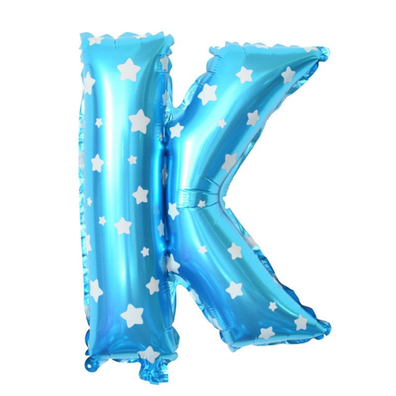 Balon Folie Metalizata Litera K, Flippy, 40 cm, Cu Imprimeu Stelute, Umflati cu Heliu sau Aer, Ambalaj Individual, Pai inclus, Albastru [1]