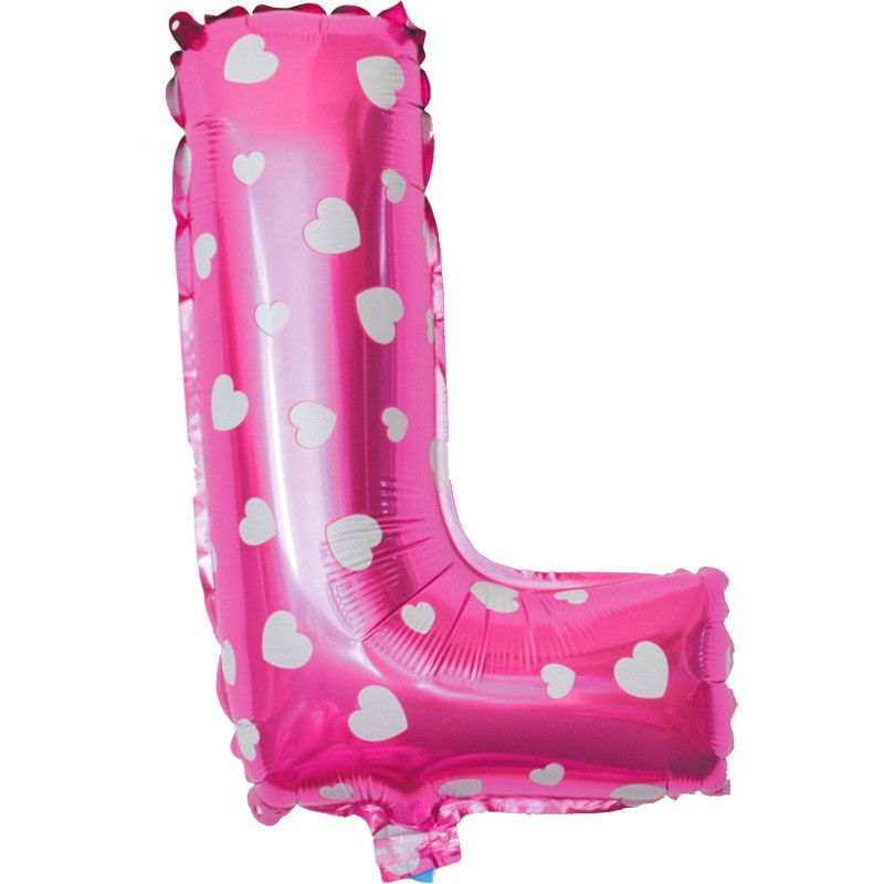Balon Folie Metalizata Litera L, Flippy, 40 cm, Cu Imprimeu Inimioare, Umflati cu Heliu sau Aer, Ambalaj Individual, Pai inclus, Roz [3]