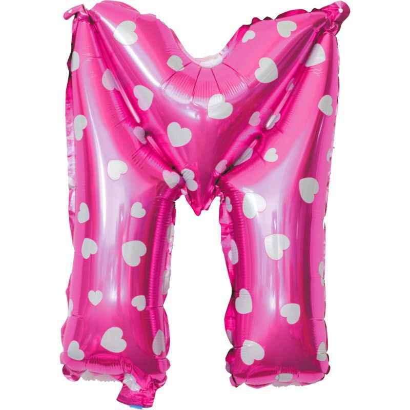 Balon Folie Metalizata Litera M, Flippy, 40 cm, Cu Imprimeu Inimioare, Umflati cu Heliu sau Aer, Ambalaj Individual, Pai inclus, Roz [1]