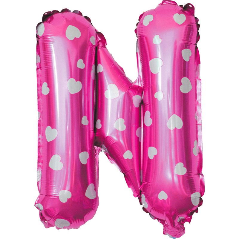 Balon Folie Metalizata Litera N, Flippy, 40 cm, Cu Imprimeu Inimioare, Umflati cu Heliu sau Aer, Ambalaj Individual, Pai inclus, Roz [1]