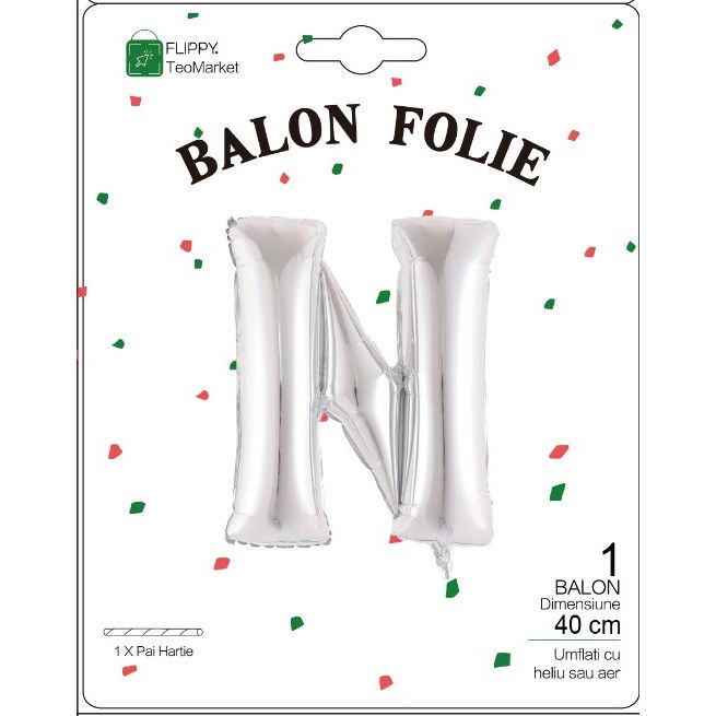 Balon Folie Metalizata Litera N, Flippy, 40 cm, Umflati cu Heliu sau Aer, Ambalaj Individual, Pai inclus, Argintiu [2]