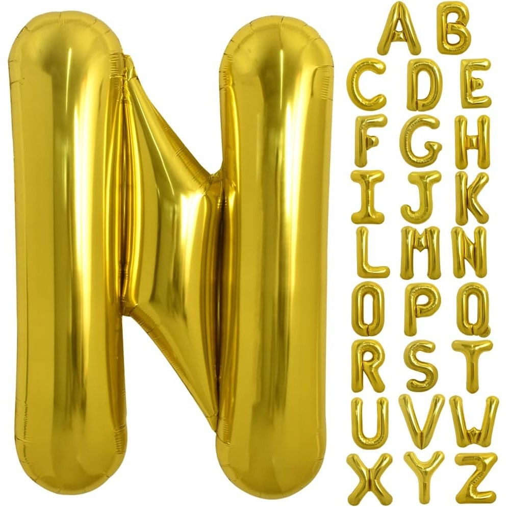 Balon Folie Metalizata Litera N, Flippy, 40 cm, Umflati cu Heliu sau Aer, Ambalaj Individual, Pai inclus, Auriu [5]