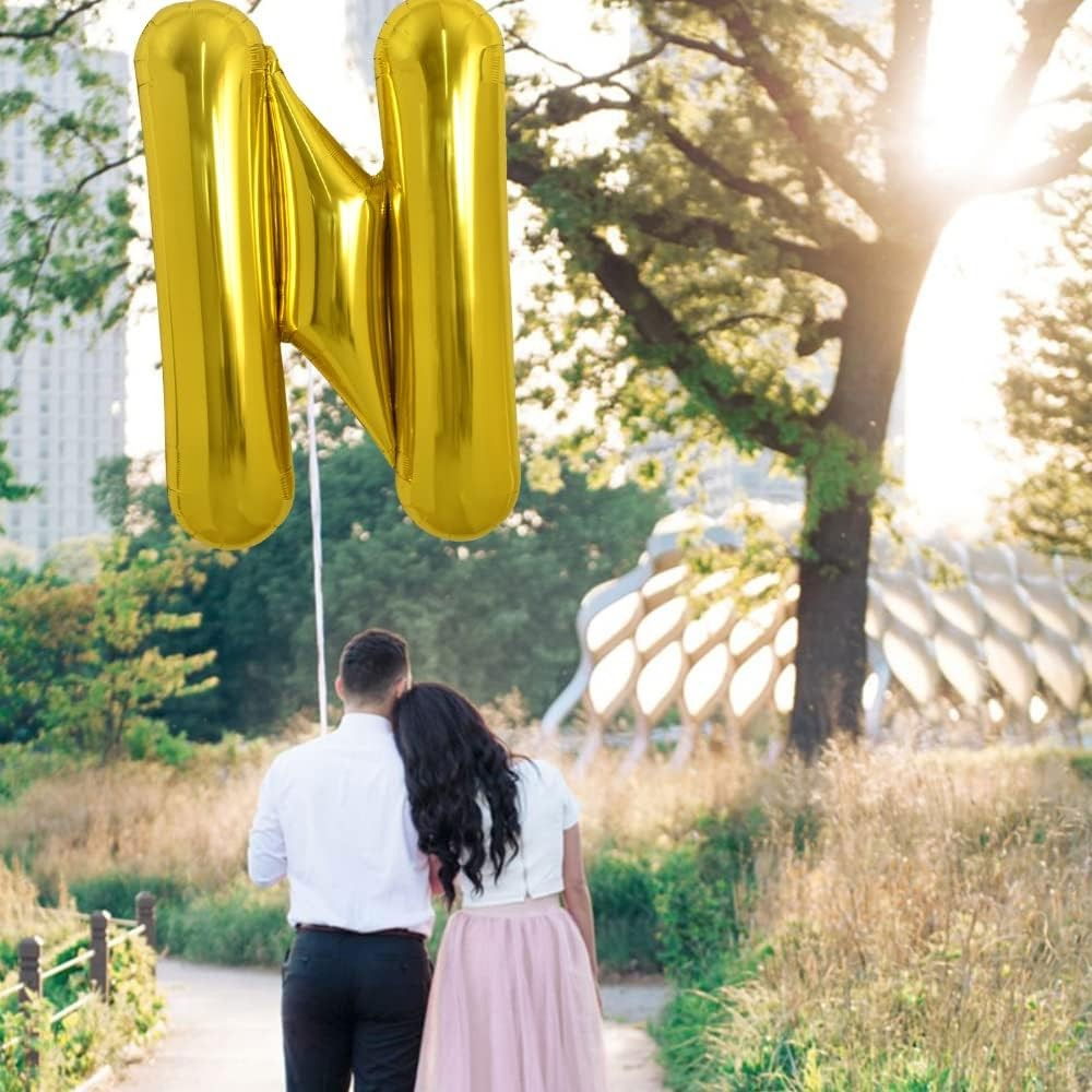 Balon Folie Metalizata Litera N, Flippy, 80 cm, Umflati cu Heliu sau Aer, Ambalaj Individual, Pai inclus, Auriu [4]