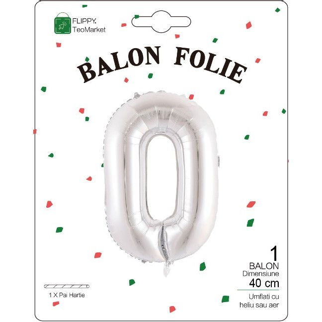 Balon Folie Metalizata Litera O, Flippy, 40 cm, Umflati cu Heliu sau Aer, Ambalaj Individual, Pai inclus, Argintiu [2]