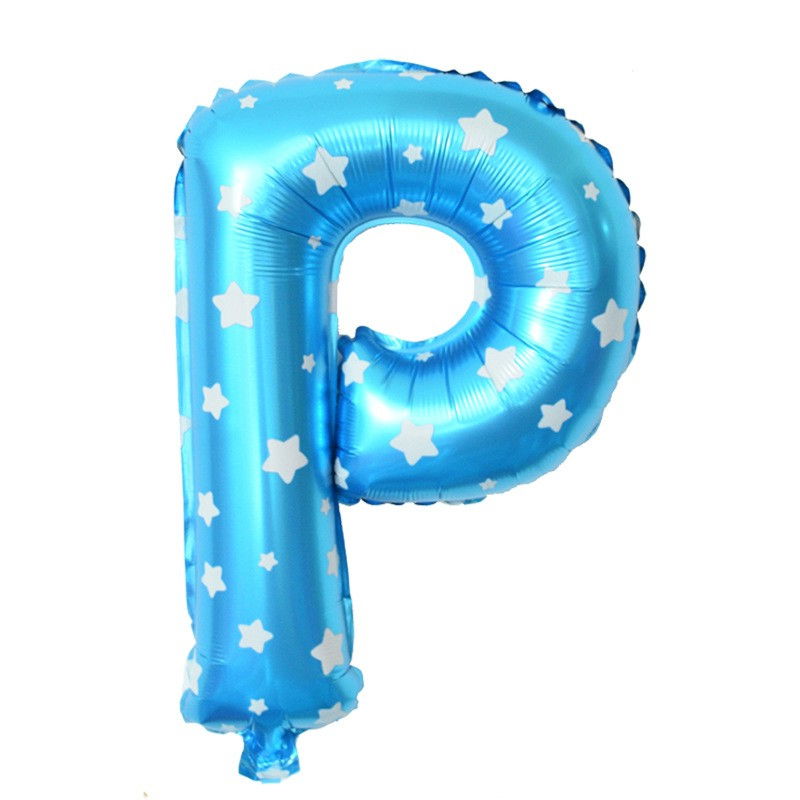 Balon Folie Metalizata Litera P, Flippy, 40 cm, Cu Imprimeu Stelute, Umflati cu Heliu sau Aer, Ambalaj Individual, Pai inclus, Albastru [1]