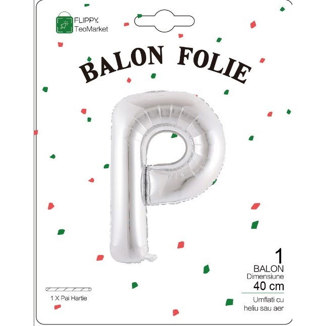 Balon Folie Metalizata Litera P, Flippy, 40 cm, Umflati cu Heliu sau Aer, Ambalaj Individual, Pai inclus, Argintiu [2]