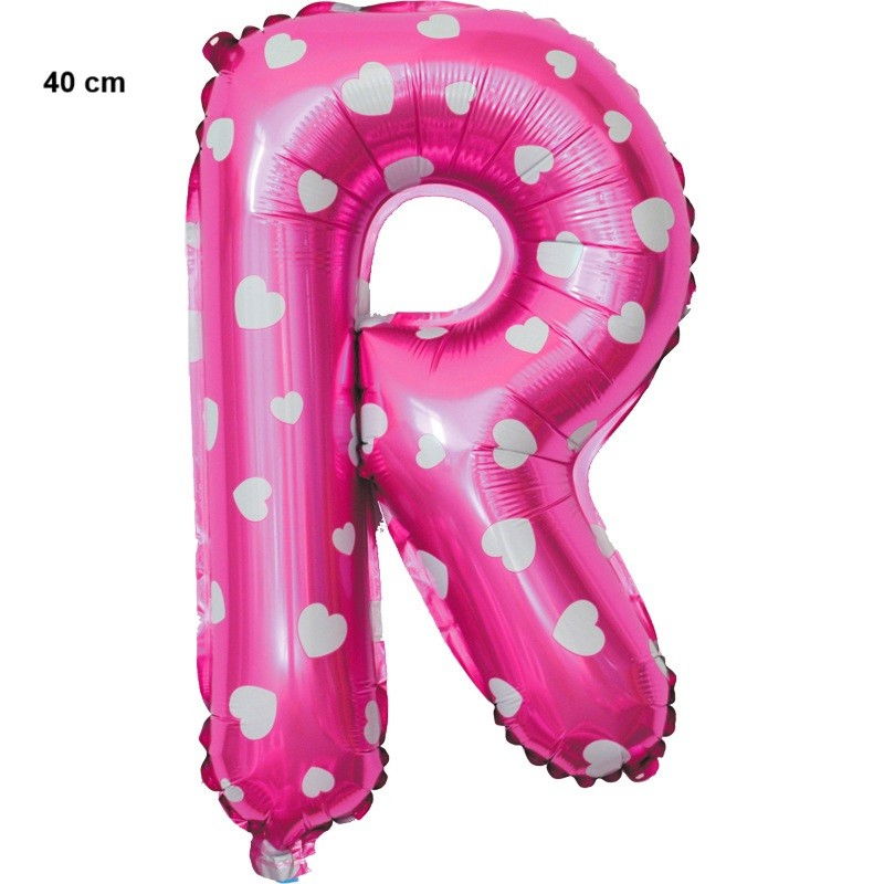 Balon Folie Metalizata Litera R, Flippy, 40 cm, Cu Imprimeu Inimioare, Umflati cu Heliu sau Aer, Ambalaj Individual, Pai inclus, Roz [2]