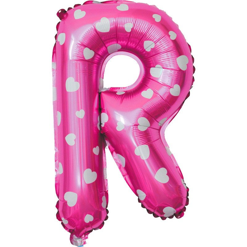 Balon Folie Metalizata Litera R, Flippy, 40 cm, Cu Imprimeu Inimioare, Umflati cu Heliu sau Aer, Ambalaj Individual, Pai inclus, Roz [3]