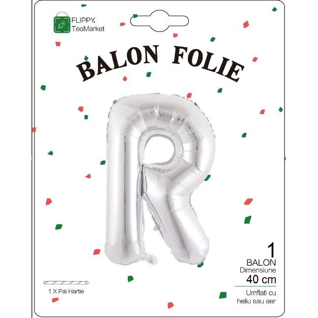 Balon Folie Metalizata Litera R, Flippy, 40 cm, Umflati cu Heliu sau Aer, Ambalaj Individual, Pai inclus, Argintiu [2]