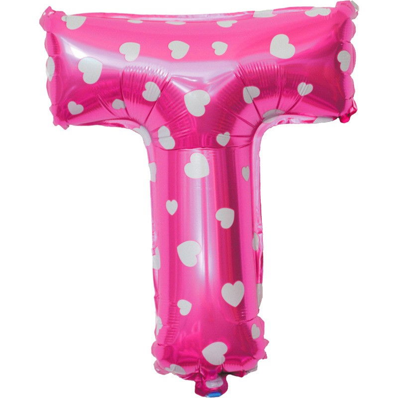 Balon Folie Metalizata Litera T, Flippy, 40 cm, Cu Imprimeu Inimioare, Umflati cu Heliu sau Aer, Ambalaj Individual, Pai inclus, Roz [1]
