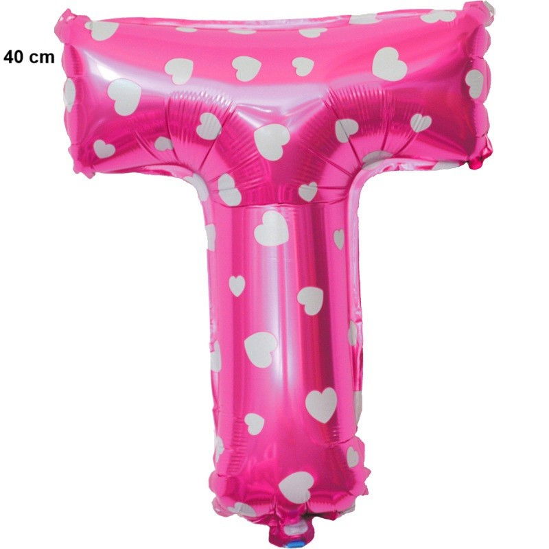 Balon Folie Metalizata Litera T, Flippy, 40 cm, Cu Imprimeu Inimioare, Umflati cu Heliu sau Aer, Ambalaj Individual, Pai inclus, Roz [2]