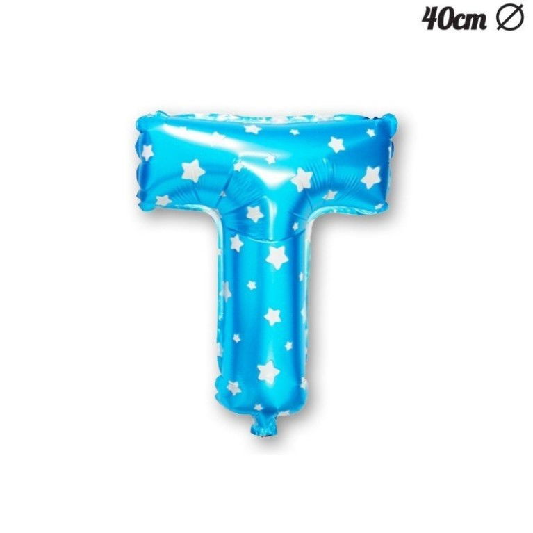 Balon Folie Metalizata Litera T, Flippy, 40 cm, Cu Imprimeu Stelute, Umflati cu Heliu sau Aer, Ambalaj Individual, Pai inclus, Albastru [4]